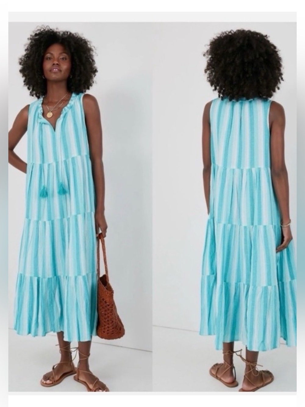 Tuckernuck Beach Aquamarine Stripe Salty Paloma Caftan Maxi Dress XS Tassel Tie